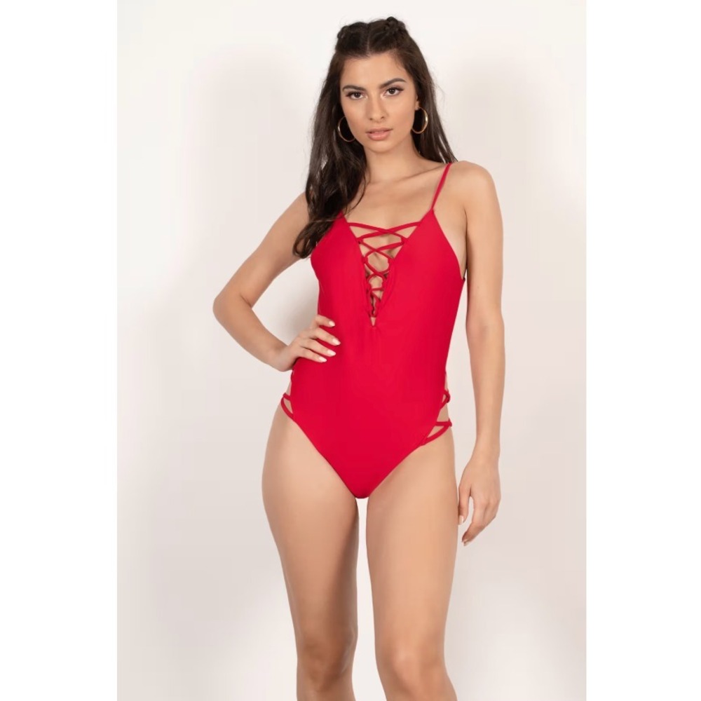 Tobi‎ Womens Too Good Lace Up Monokini Swimsuit XS Red Strappy Beach Festival